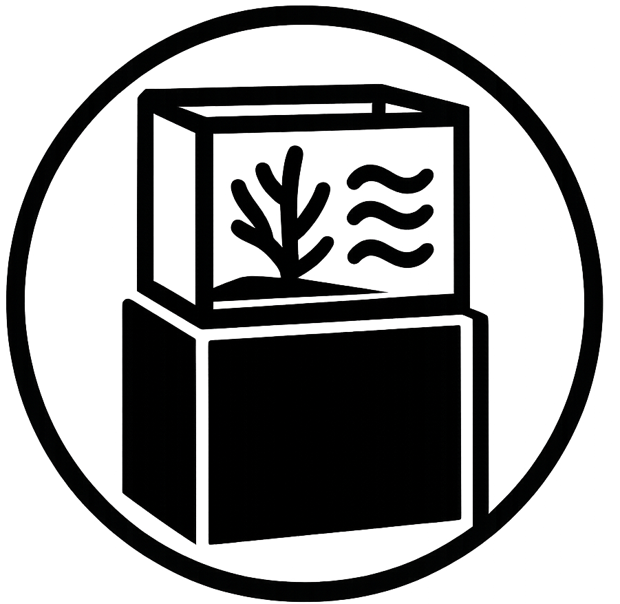 black and white circular vector with a fish tank inside. Fish tank has a solid rectangular cabinet and rimless tank on top. Cabinet is taller then the tank. Inside the tank is a stylized coral branch and three waves to indicate water or reef