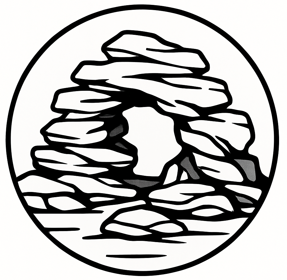 black and white circular vector with rockscape for an aquarium inside. rocks are artistically stacked in a natural looking cave like fashion but vector is abstract line drawing of this